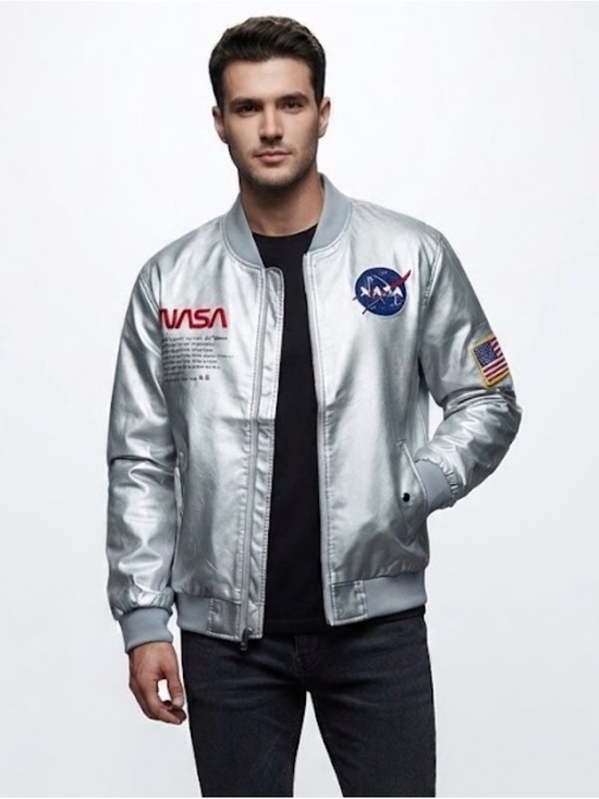 NASA Logo Silver Bomber Jacket - Men's Metallic Flight Jacket